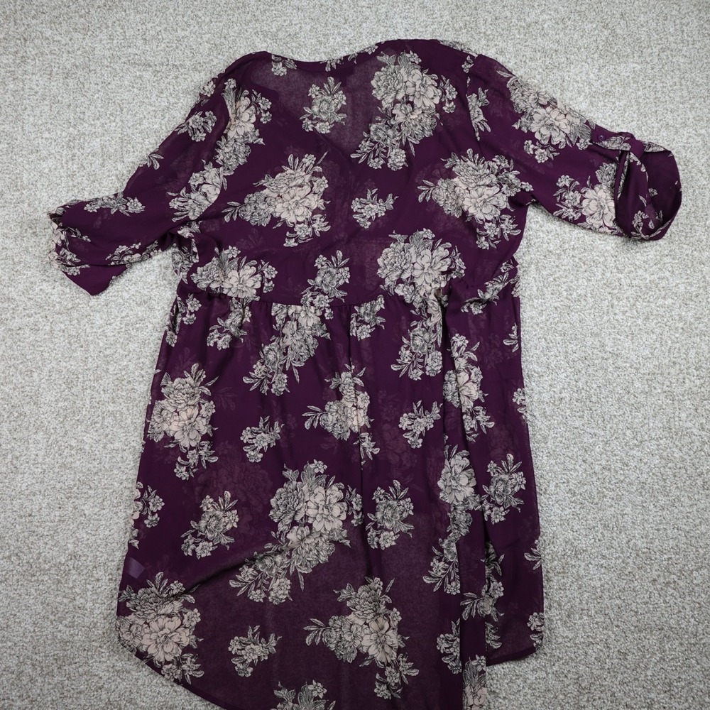Torrid Burgundy Floral Sheer High-Low Tunic Shirt Womens 2 Plus V-Neck Roll Tab - Picture 4 of 5